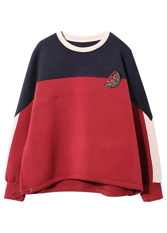 Loose Wine Red O-Neck Patchwork Sweatshirt Fall Ada Fashion