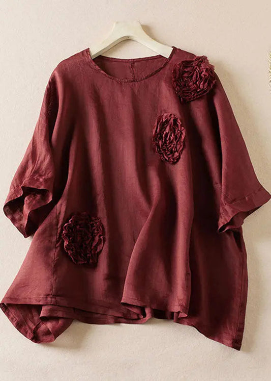 Loose Wine Red O-Neck Rose Floral Linen T Shirt Top Summer Ada Fashion