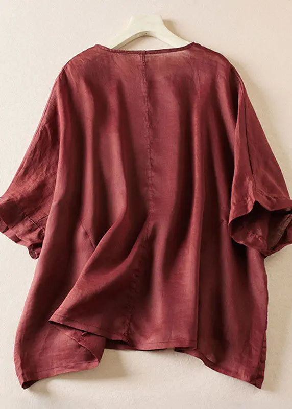 Loose Wine Red O-Neck Rose Floral Linen T Shirt Top Summer Ada Fashion