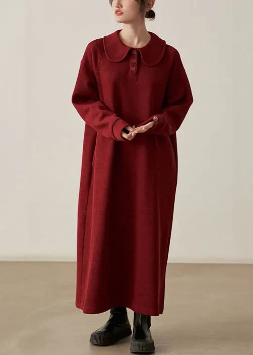 Loose Wine Red Pockets Cozy  Cotton Knit Long Dresses Fall Ada Fashion