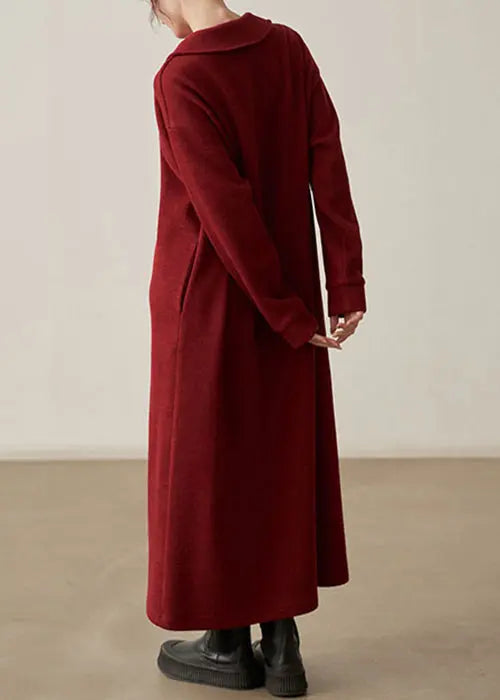 Loose Wine Red Pockets Cozy  Cotton Knit Long Dresses Fall Ada Fashion