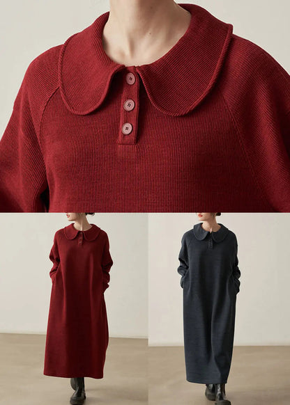 Loose Wine Red Pockets Cozy  Cotton Knit Long Dresses Fall Ada Fashion