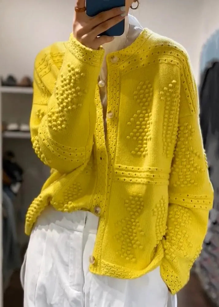 Loose Yellow Button Hollow Out  Cotton Knit Coats Long Sleeve Ada Fashion