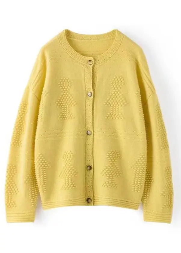 Loose Yellow Button Hollow Out  Cotton Knit Coats Long Sleeve Ada Fashion