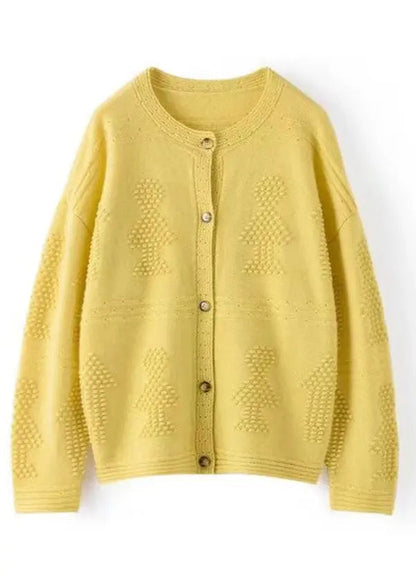 Loose Yellow Button Hollow Out  Cotton Knit Coats Long Sleeve Ada Fashion