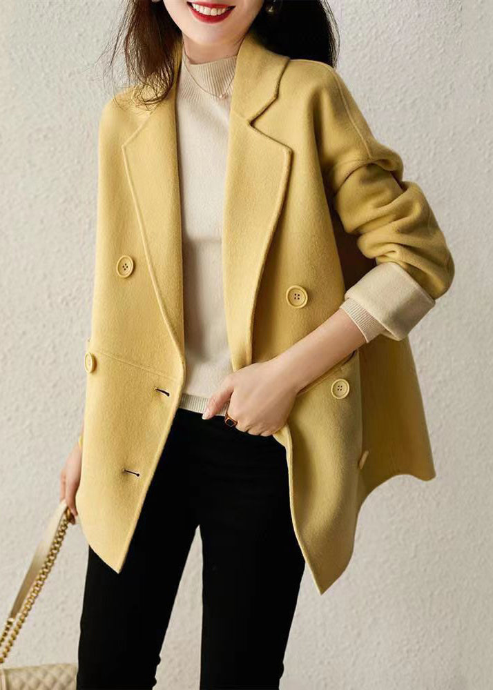 Loose Yellow Double Breast Pockets Patchwork Woolen Coats Fall Ada Fashion