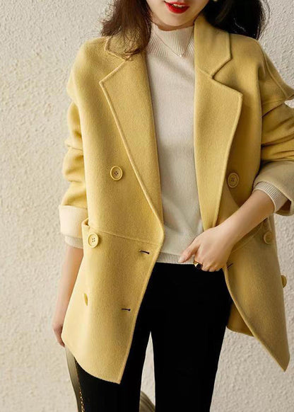 Loose Yellow Double Breast Pockets Patchwork Woolen Coats Fall Ada Fashion