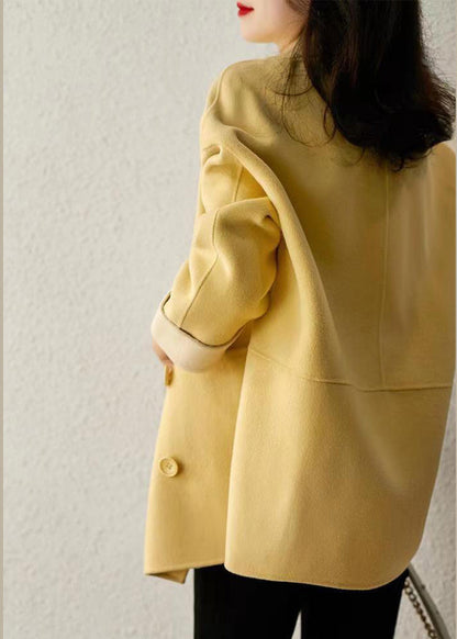 Loose Yellow Double Breast Pockets Patchwork Woolen Coats Fall Ada Fashion