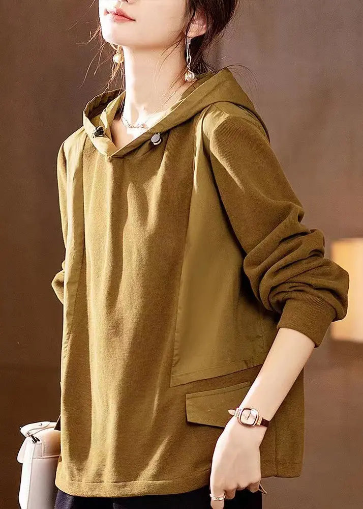 Loose Yellow Hooded Patchwork Cotton Sweatshirt Top Fall Ada Fashion