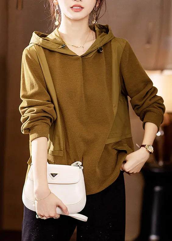 Loose Yellow Hooded Patchwork Cotton Sweatshirt Top Fall Ada Fashion