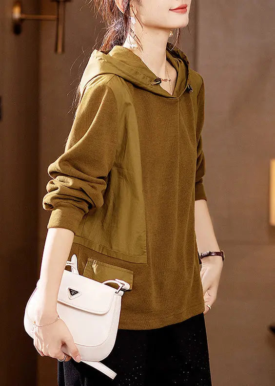 Loose Yellow Hooded Patchwork Cotton Sweatshirt Top Fall Ada Fashion