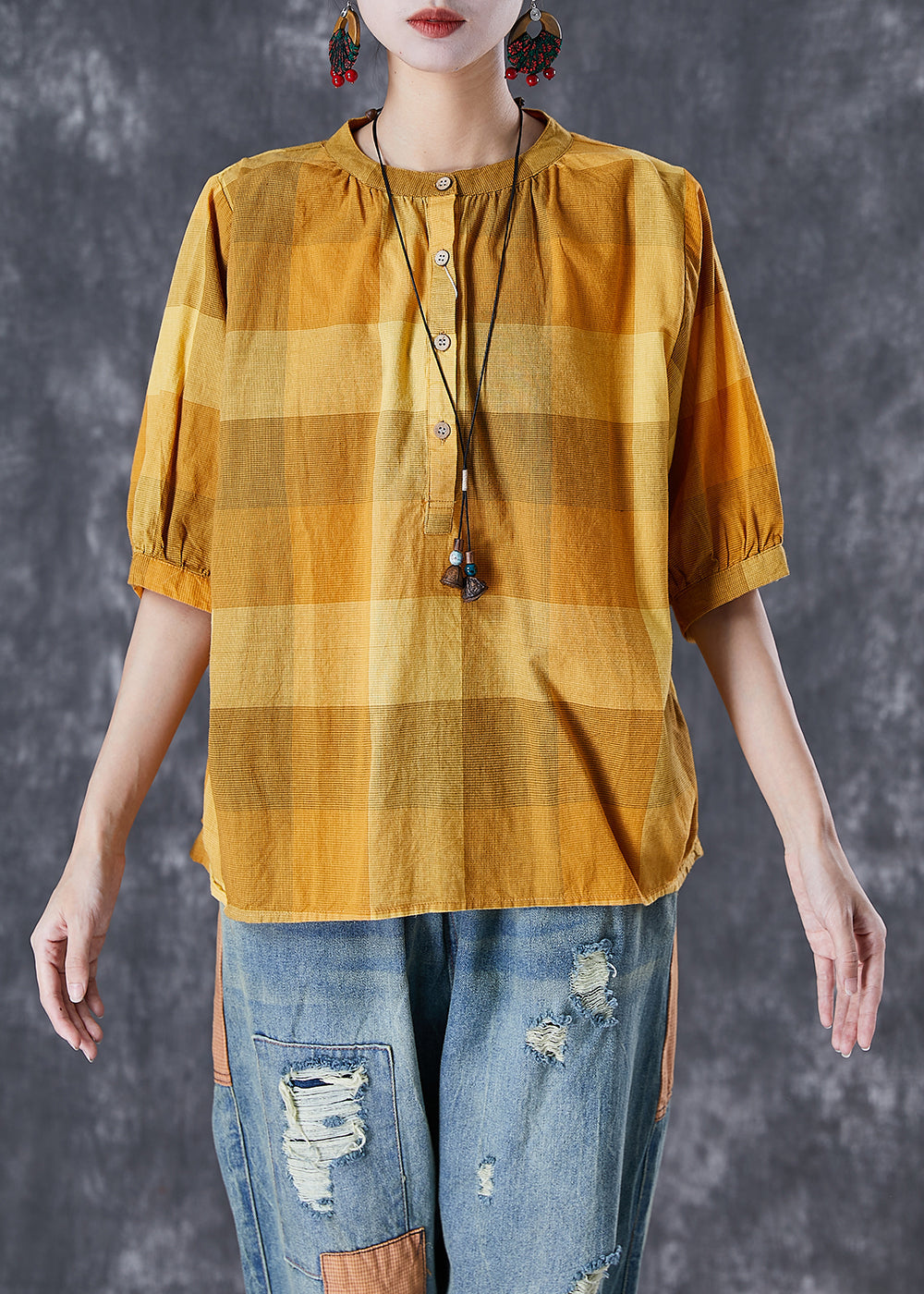 Loose Yellow Oversized Plaid Cotton Shirt Tops Half Sleeve TD1023 - fabuloryshop