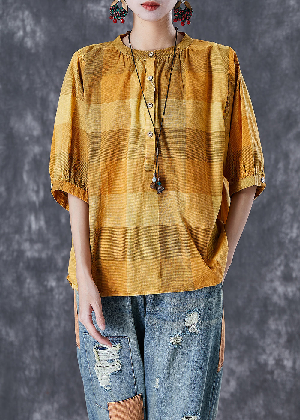 Loose Yellow Oversized Plaid Cotton Shirt Tops Half Sleeve TD1023 - fabuloryshop