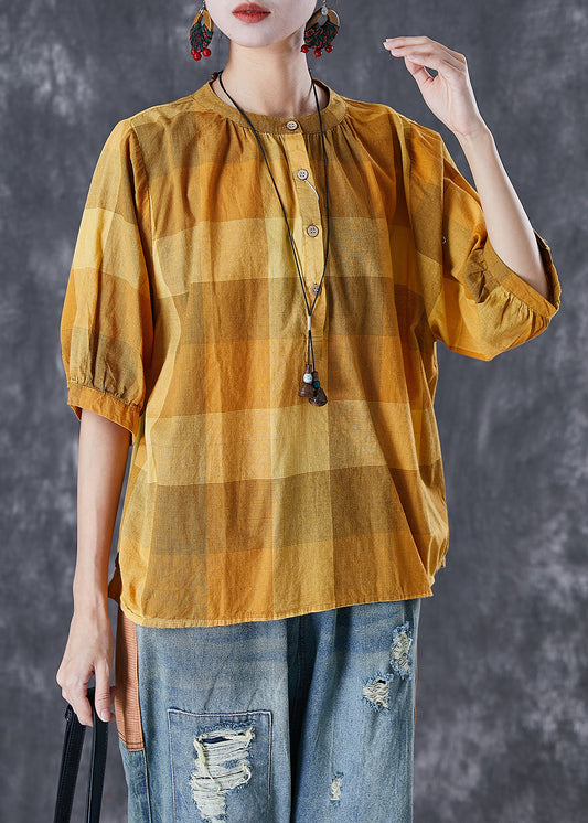 Loose Yellow Oversized Plaid Cotton Shirt Tops Half Sleeve TD1023 - fabuloryshop