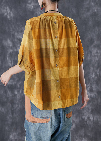 Loose Yellow Oversized Plaid Cotton Shirt Tops Half Sleeve TD1023 - fabuloryshop