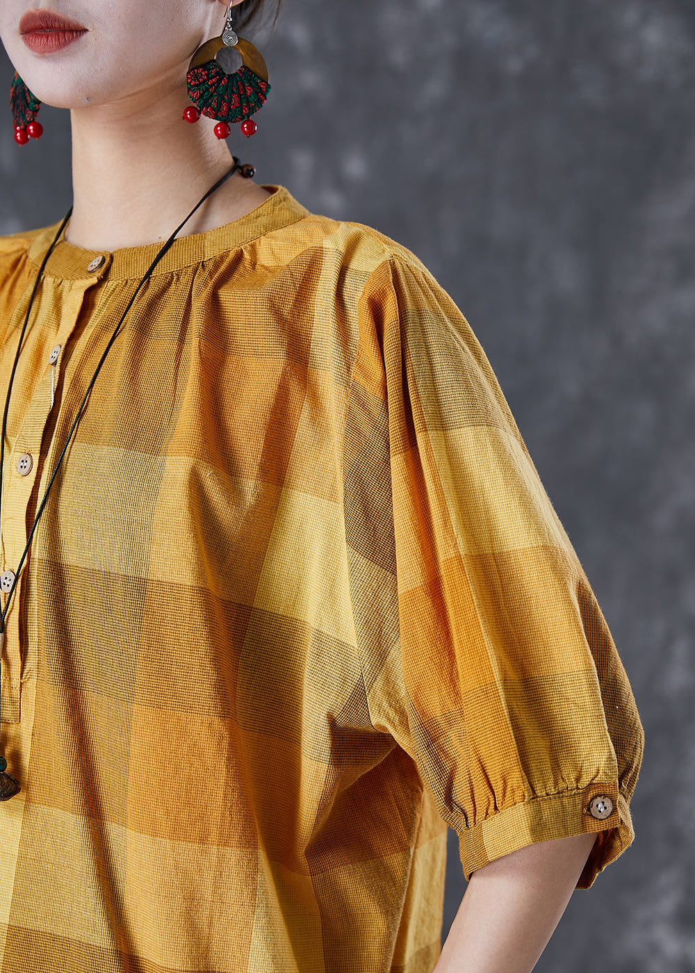 Loose Yellow Oversized Plaid Cotton Shirt Tops Half Sleeve TD1023 - fabuloryshop