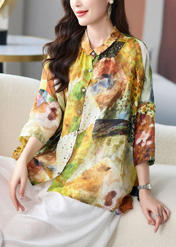 Loose Yellow Peter Pan Collar Button Print Linen Blouses Tops Summer TF1022 - fabuloryshop