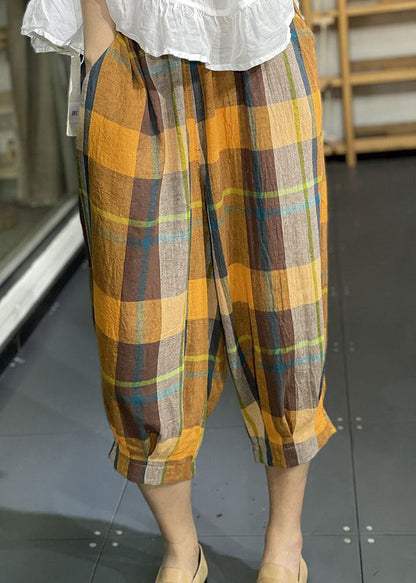 Loose Yellow Pockets Plaid Wrinkled Cotton Lantern Pants Summer LY0604 - fabuloryshop