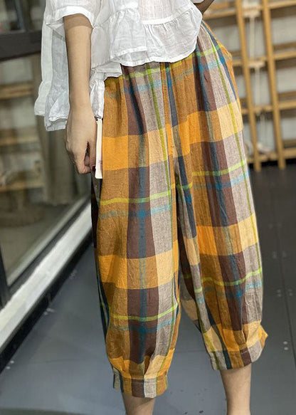 Loose Yellow Pockets Plaid Wrinkled Cotton Lantern Pants Summer LY0604 - fabuloryshop