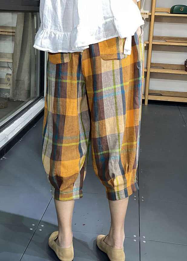 Loose Yellow Pockets Plaid Wrinkled Cotton Lantern Pants Summer LY0604