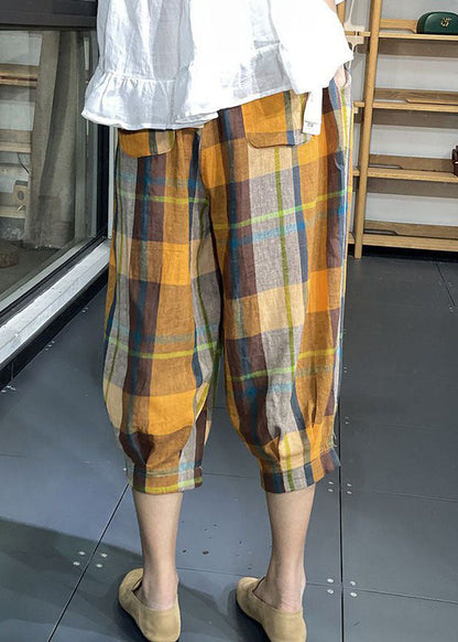 Loose Yellow Pockets Plaid Wrinkled Cotton Lantern Pants Summer LY0604 - fabuloryshop