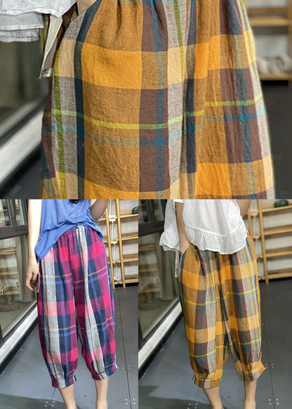 Loose Yellow Pockets Plaid Wrinkled Cotton Lantern Pants Summer LY0604 - fabuloryshop