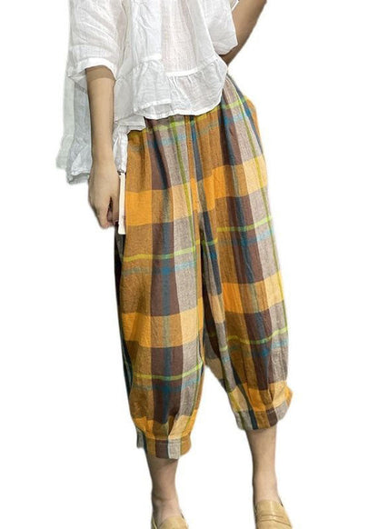 Loose Yellow Pockets Plaid Wrinkled Cotton Lantern Pants Summer LY0604 - fabuloryshop