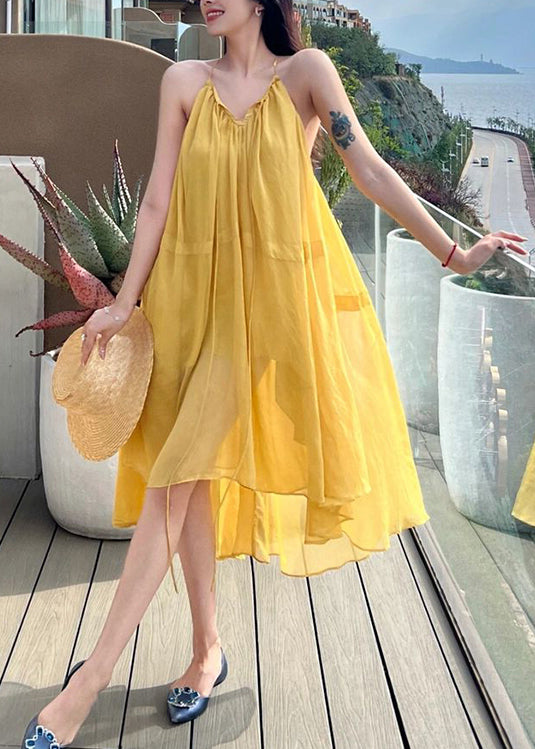 Loose Yellow Slash Neck Solid Chiffon Long Sliop Dresses Summer LY2662 - fabuloryshop