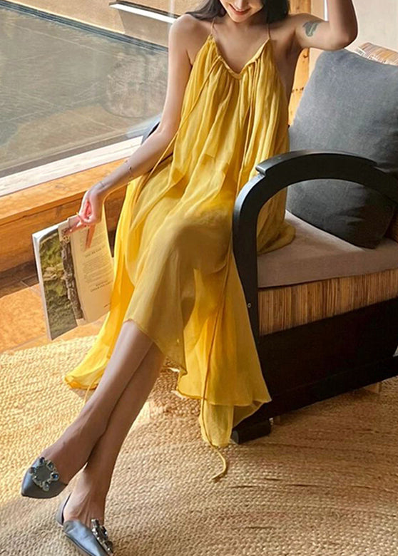 Loose Yellow Slash Neck Solid Chiffon Long Sliop Dresses Summer LY2662