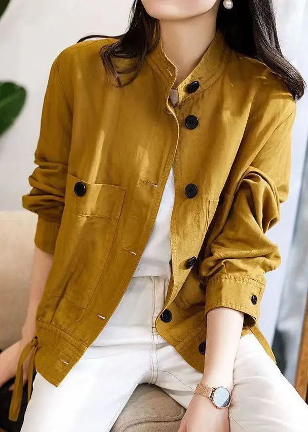 Loose Yellow Stand Collar Button Patchwork Cotton Jacket Fall Ada Fashion