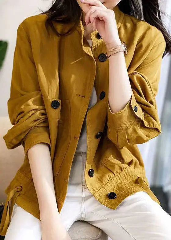 Loose Yellow Stand Collar Button Patchwork Cotton Jacket Fall Ada Fashion