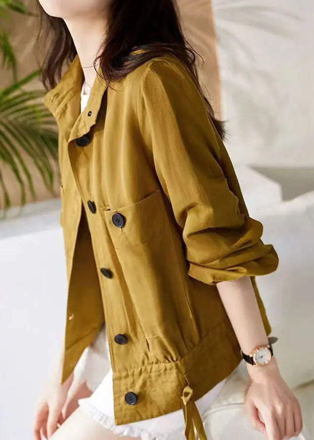 Loose Yellow Stand Collar Button Patchwork Cotton Jacket Fall Ada Fashion