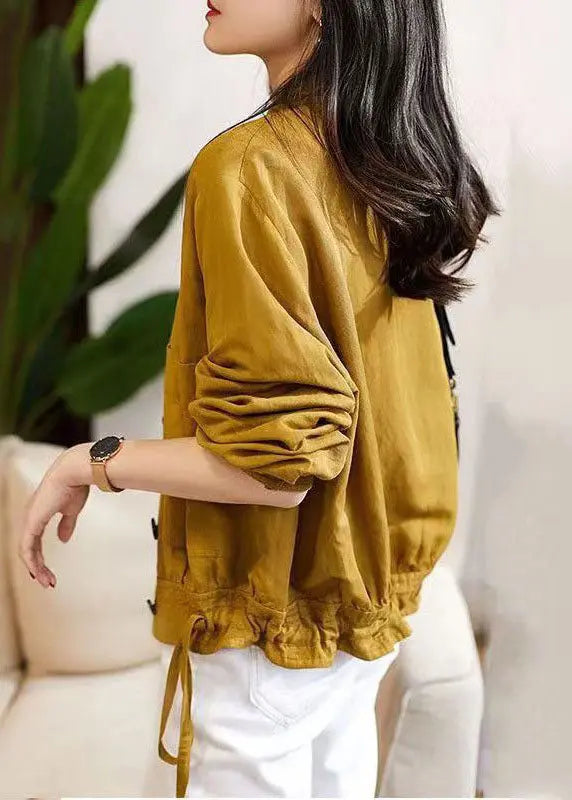 Loose Yellow Stand Collar Button Patchwork Cotton Jacket Fall Ada Fashion