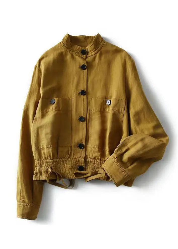 Loose Yellow Stand Collar Button Patchwork Cotton Jacket Fall Ada Fashion