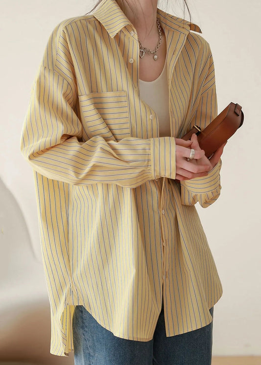 Loose Yellow Striped Button Patchwork Cotton Blouses Fall Ada Fashion