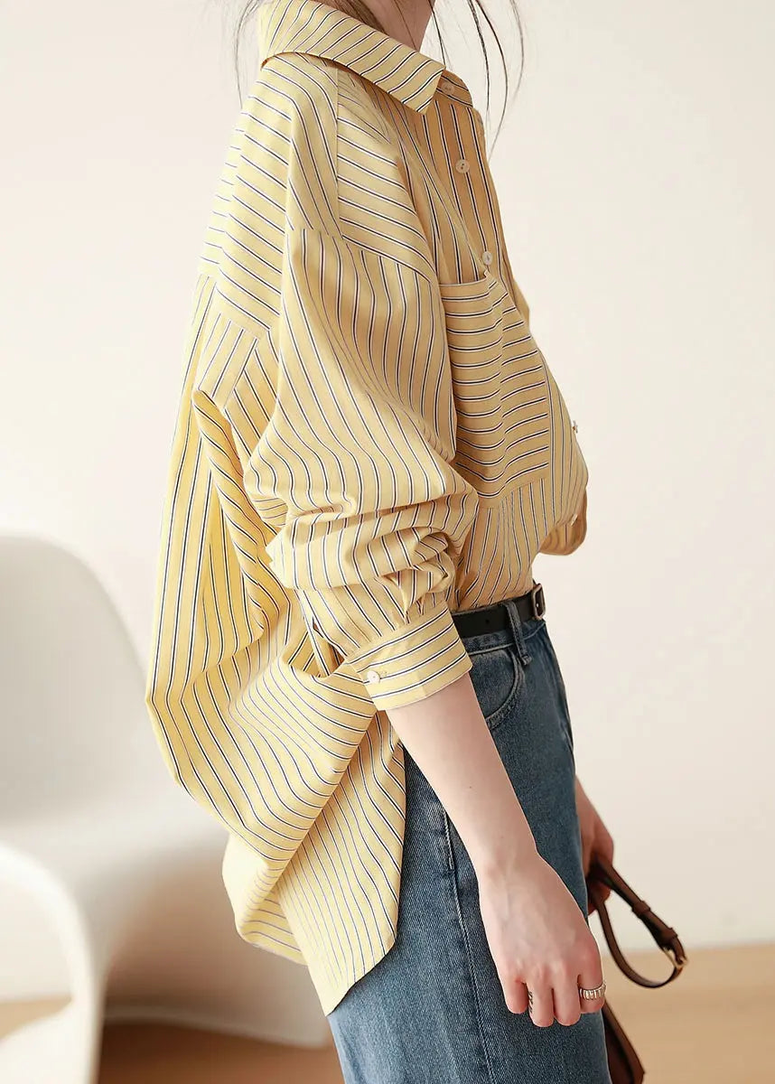 Loose Yellow Striped Button Patchwork Cotton Blouses Fall Ada Fashion