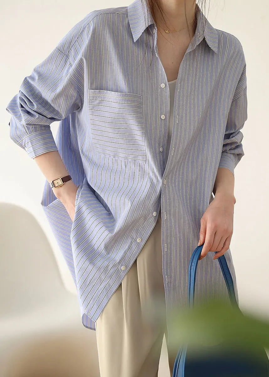 Loose Yellow Striped Button Patchwork Cotton Blouses Fall Ada Fashion