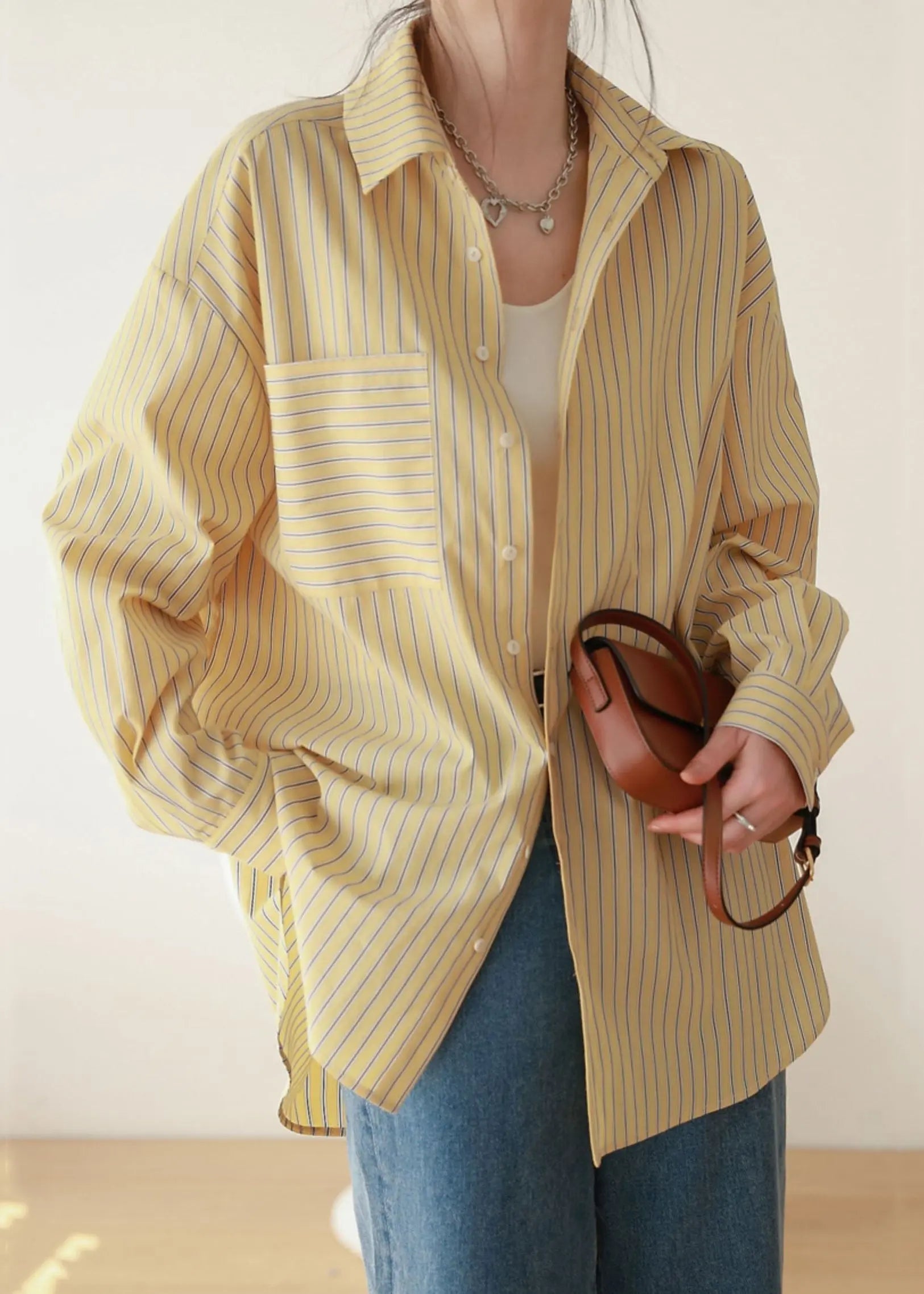 Loose Yellow Striped Button Patchwork Cotton Blouses Fall Ada Fashion