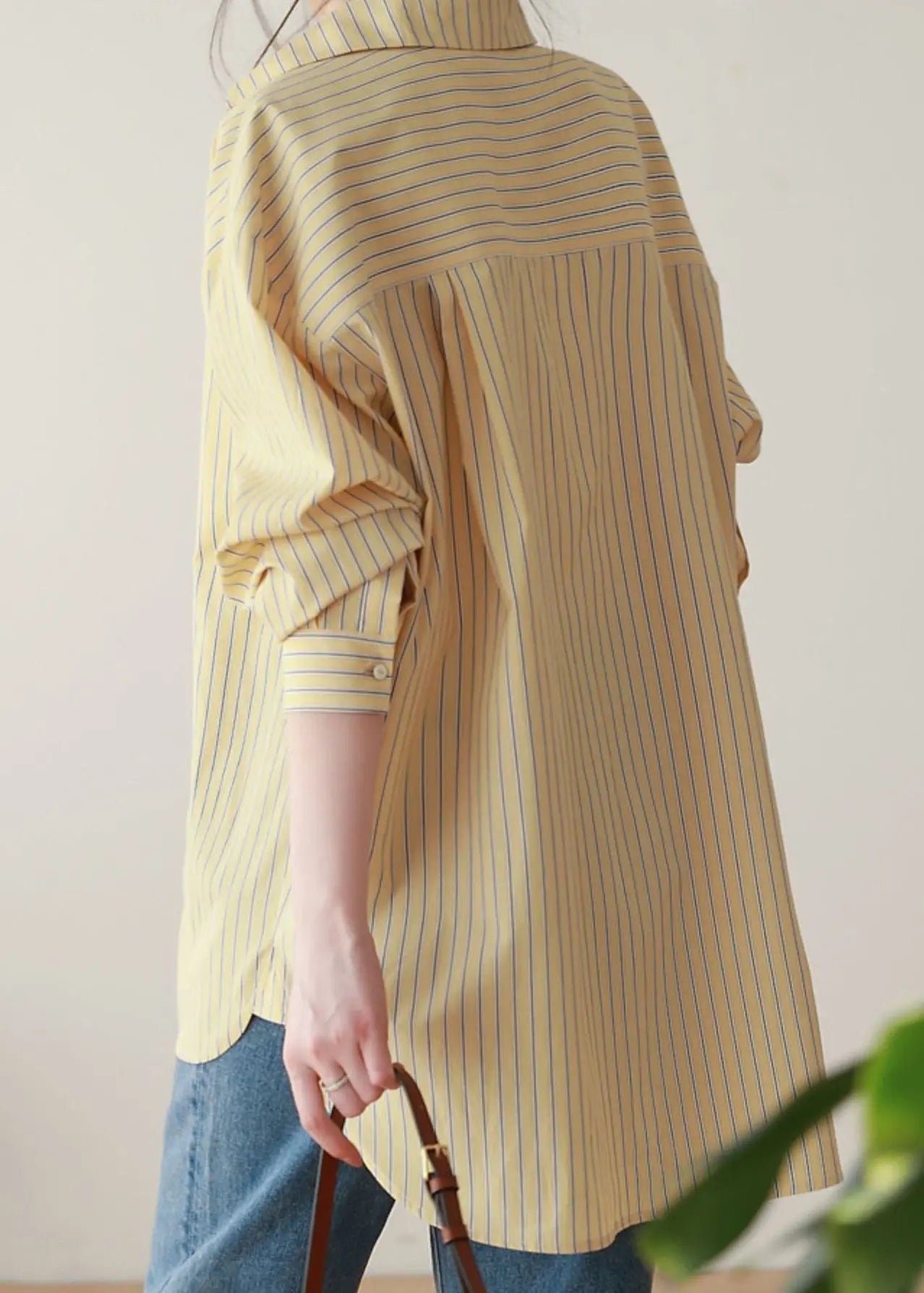 Loose Yellow Striped Button Patchwork Cotton Blouses Fall Ada Fashion