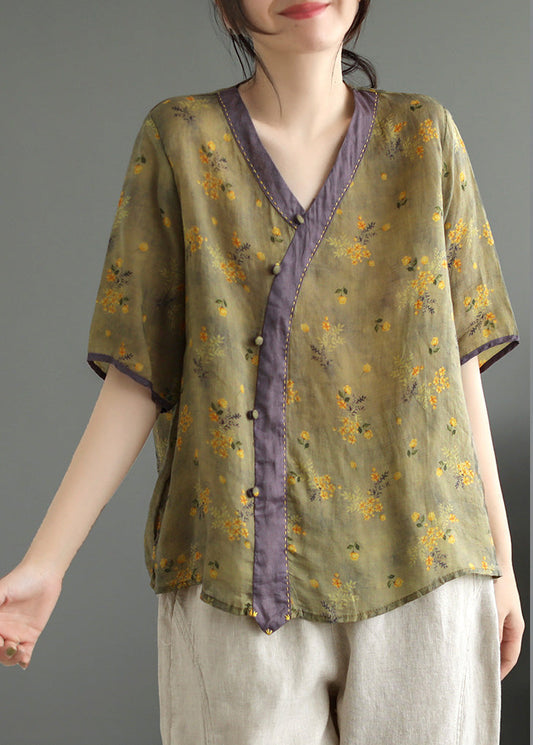 Loose Yellow V Neck Button Ramie Top Summer LY4995 - fabuloryshop