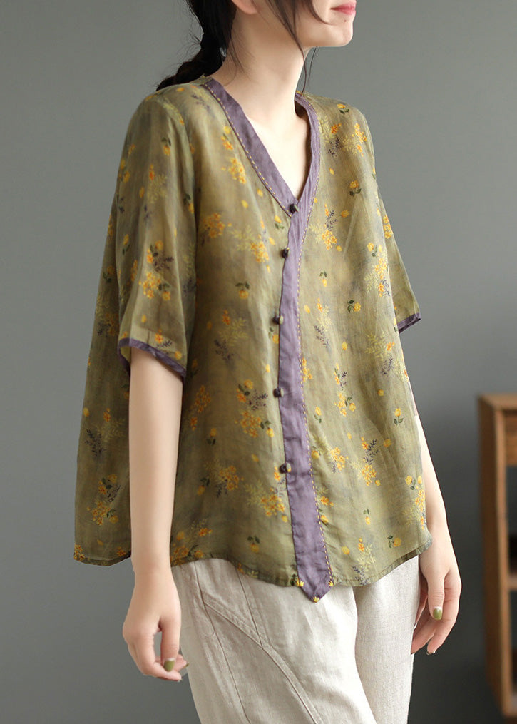 Loose Yellow V Neck Button Ramie Top Summer LY4995 - fabuloryshop