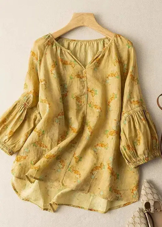 Loose Yellow V Neck Print Patchwork Cotton Shirts Bracelet Sleeve Ada Fashion