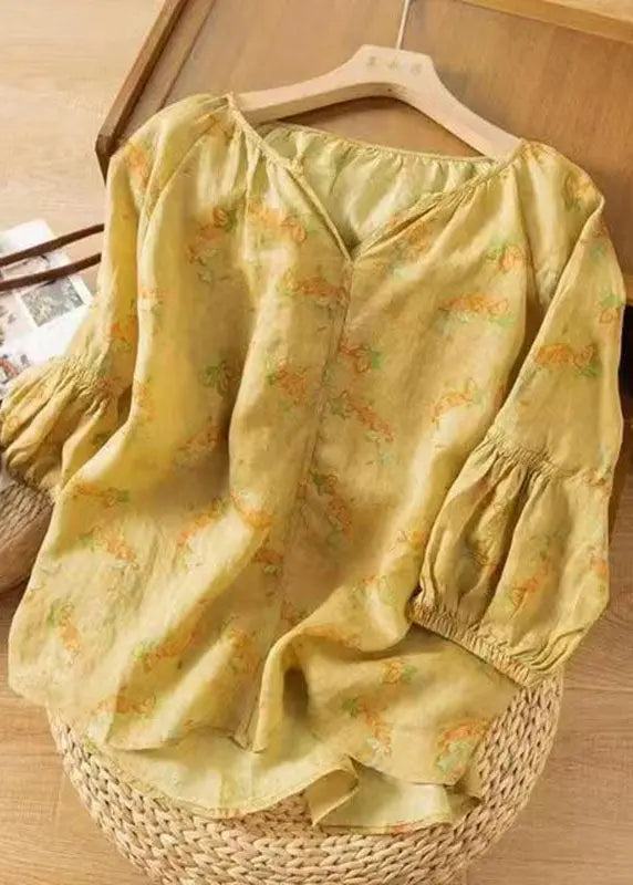 Loose Yellow V Neck Print Patchwork Cotton Shirts Bracelet Sleeve Ada Fashion