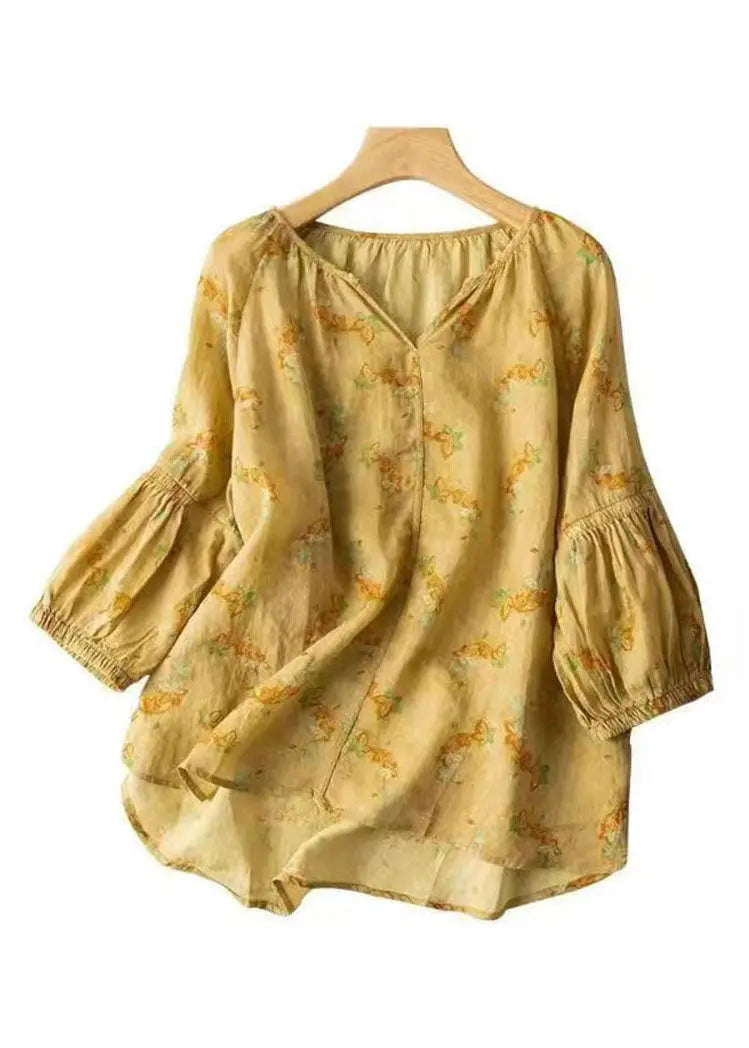 Loose Yellow V Neck Print Patchwork Cotton Shirts Bracelet Sleeve Ada Fashion