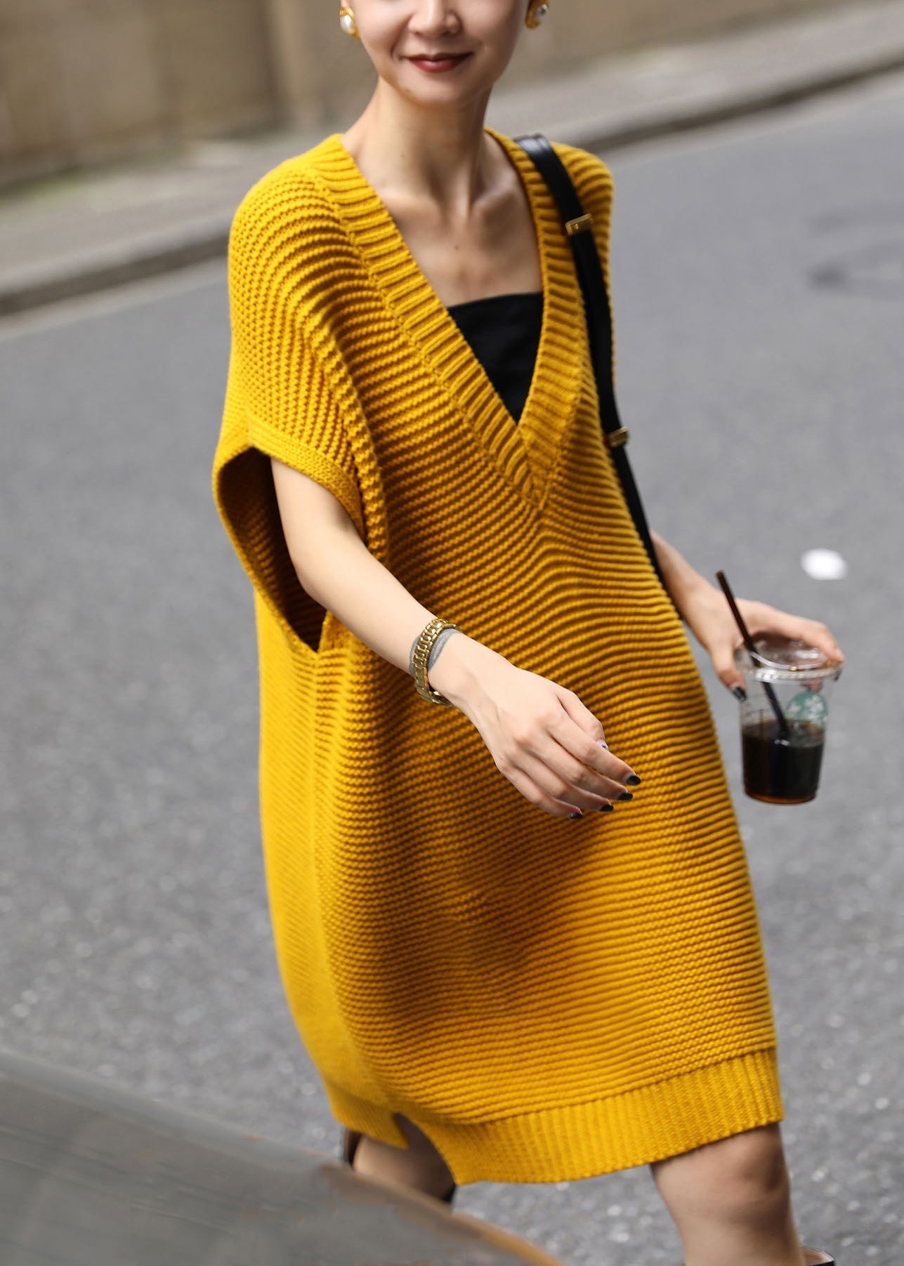 Loose Yellow V Neck Side Open Knit Waistcoat Dress Fall Ada Fashion