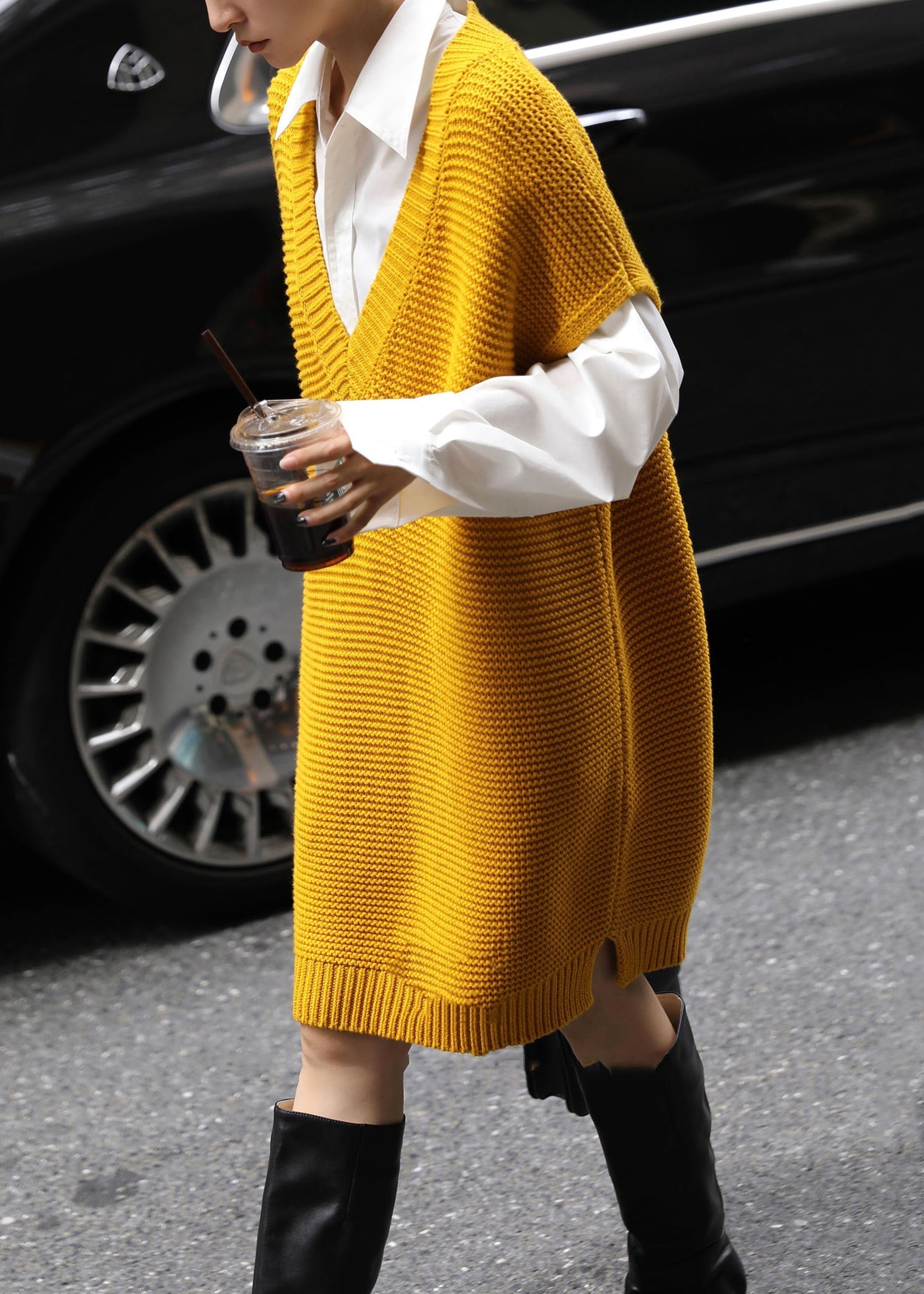 Loose Yellow V Neck Side Open Knit Waistcoat Dress Fall Ada Fashion