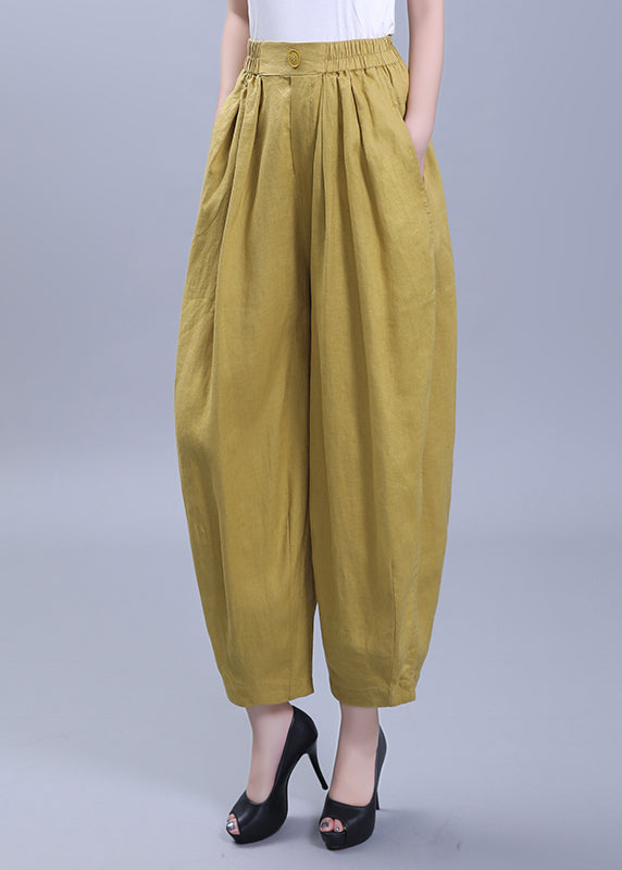 Loose Yellow Wrinkled Pockets Patchwork Linen Crop Pants Summer Ada Fashion