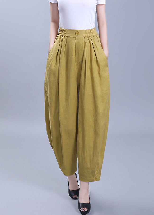 Loose Yellow Wrinkled Pockets Patchwork Linen Crop Pants Summer Ada Fashion