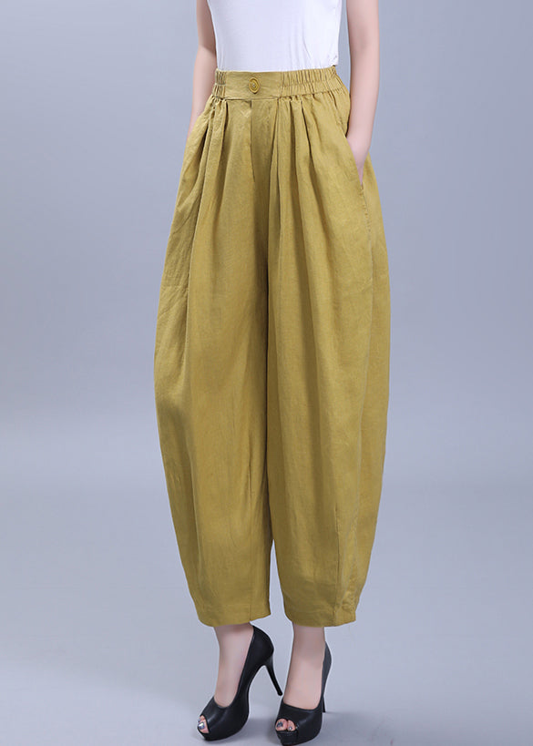 Loose Yellow Wrinkled Pockets Patchwork Linen Crop Pants Summer Ada Fashion