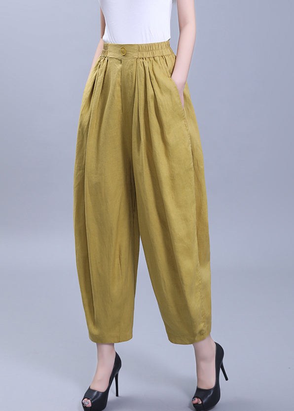 Loose Yellow Wrinkled Pockets Patchwork Linen Crop Pants Summer Ada Fashion